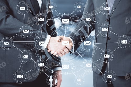 Preview: Businessmen Shaking Hands And Glowing Cloud With Map And Email Network. Cloud Computing And