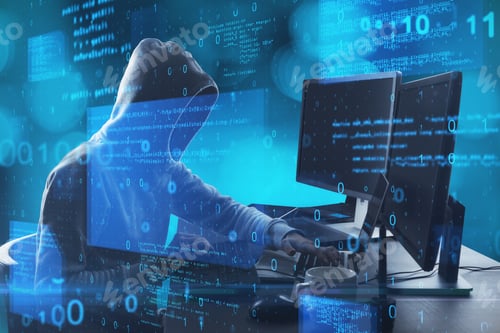 Preview: Hacker At Desktop Using Computer With Abstract Glowing Blue Coding Background. Binary Code, Theft