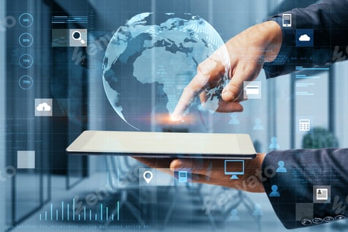 Preview: Close Up Of Businessman Hand Pointing At Pad With Abstract Digital Social Globe Grid Hologram On