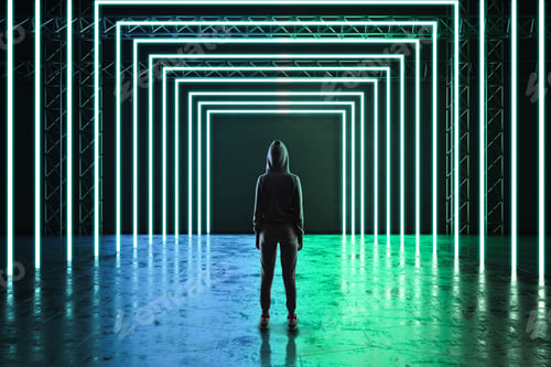 Preview: Hacker Standing In Interior With Abstract Luminous Rectangle Corridor. Innovation And Modern
