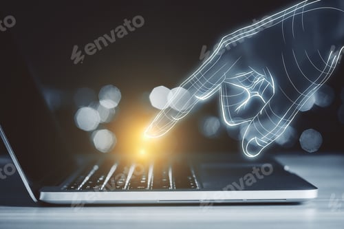 Preview: Close Up Of Digital Hand Using Glowing Laptop On Blurry Toned Background. Technology, Ai And Device