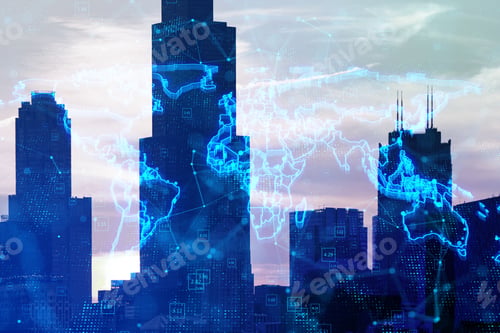 Preview: Glowing Blue Map And Digital Data Concept On Bright City Backdrop. Info, News And Planet Concept