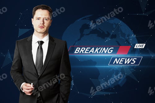 Preview: Portrait Of Attractive Young European Businessman On Abstract Glowing Blue Breaking News Pattern