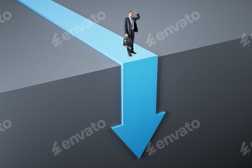 Preview: Attractive Young European Businessman Looking Into The Distance On Abstract Blue Arrow Falling Down