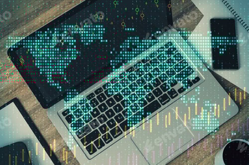 Preview: Close Up Of Laptop With Digital Map And Forex Chart On Office Desktop. Blurry Background. Global