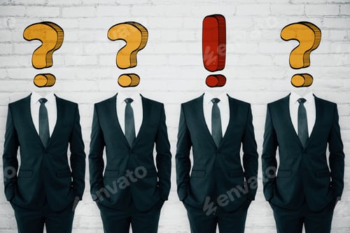 Preview: Question And Exclamation Mark Headed Businessmen Standing In Abstract Brick Interior. Leadership