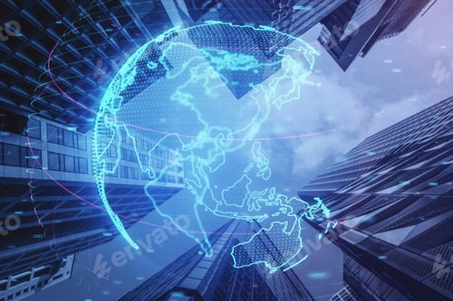 Preview: Glowing Digital Blue Globe Hologram On Night City Wallpaper. Internet, Earth And Future Concept