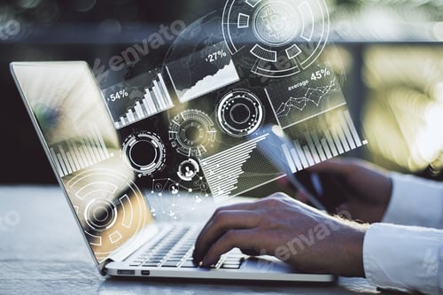 Preview: Side View And Close Up Of Male Hands Using Laptop With Abstract Business Hologram On Blurry