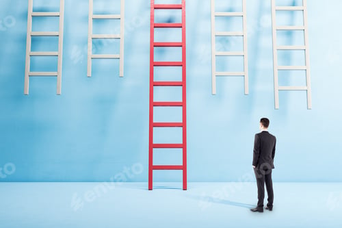 Preview: Businessman In Suit Standing In Blue Interior And Looking On Red Ladder. Success And Startup
