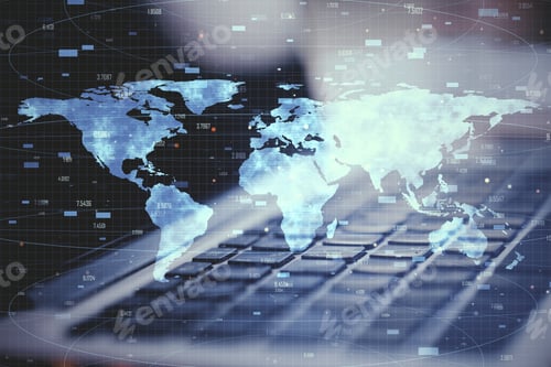 Preview: Close Up Of Laptop With Digital Map. Global Business And Interactive Concept. Double Exposure