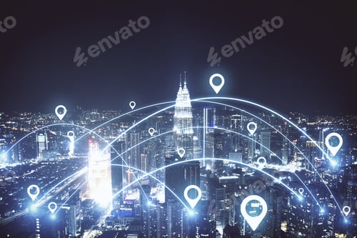 Preview: Geolocation Hologram Over Modern City. Geolocation And Distributed Data Concept.