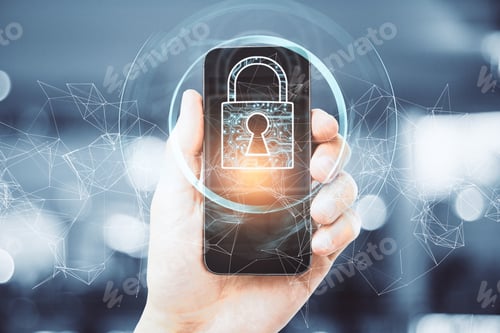 Preview: Hand Holding Smartphone With Creative Polygonal Padlock Interface On Blurry Background. Internet