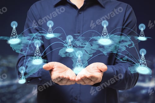 Vista previa: Hombre de negocios que sostiene en la mano un mapa digital creativo y brillante con alfileres de ubicación sobre fondo borroso