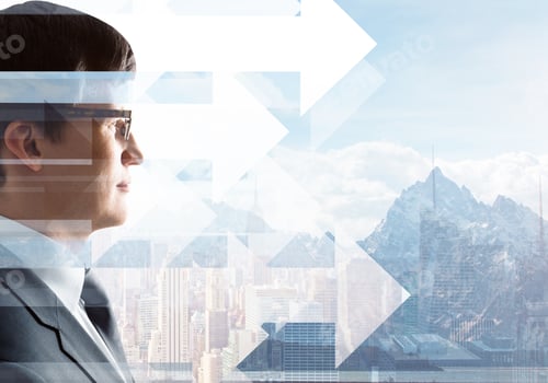 Preview: Side Portrait Of Attractive Young Businessman In Glasses Standing On Abstract City Background With