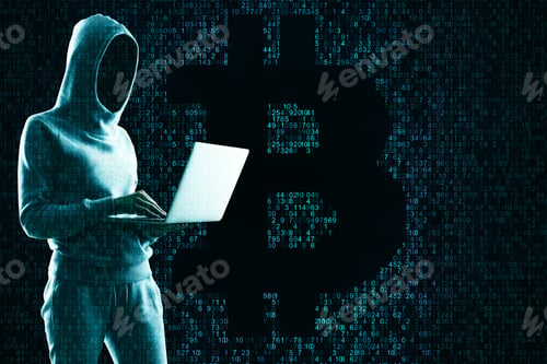 Preview: Attack And Cryptocurrency Concept. Hacker Using Laptop With Creative Coding Bitcoin Sign