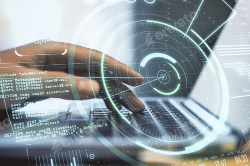 Preview: Hand Using Laptop Keyboard With Abstract Protection Interface In Blurry Office. Access And