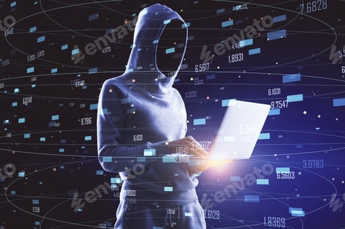 Preview: Side View Of Hacker Using Laptop With Glowing Forex Interface. Technology, Stats And Malware