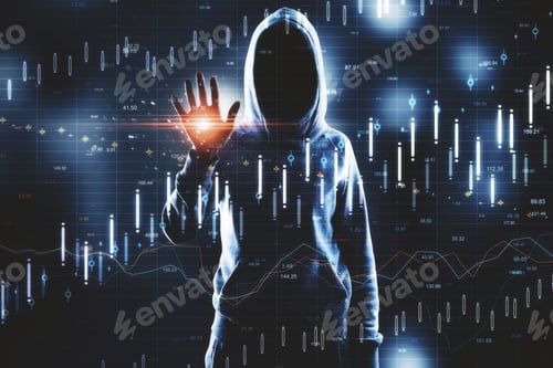 Preview: Front View Of Hacker In Hoodie Using Glowing Forex Interface On Blurry Background. Hacking And