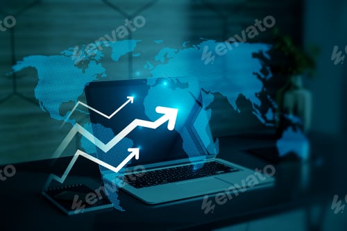 Preview: Close Up Of Office Desktop With Laptop Computer And Abstract Glowing Growing Business Arrow And Map