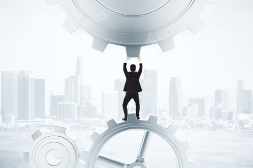 Preview: Stay Afloat Concept With Businessman And Gears At City Background