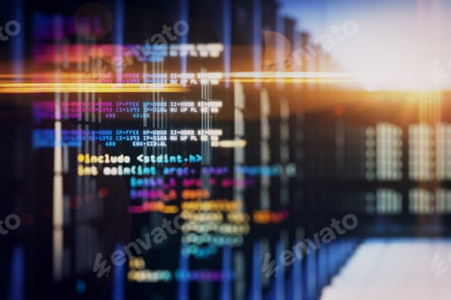 Preview: Creative Coding Lines On Blurry Server Room Background. Programming And Hardware Concept. Double