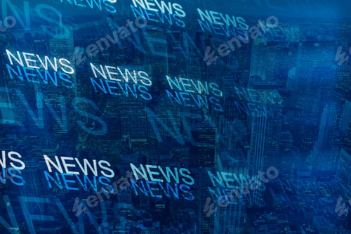 Preview: Digital News Pattern On City Background. Double Exposure