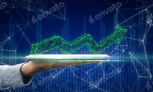 Preview: Hand Holding Pad With Abstract Glowing Polygonal Arrow On Blue Background With Charts. Growth And