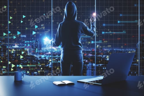 Preview: Back View Of Hacker With Forex Chart In Office Interior With Laptop, Coffee Cup And City View