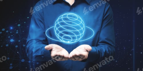Preview: Close Up Of Businessman Hands Holding Abstract Creative Metaverse Hologram On Blurry Starry Sky