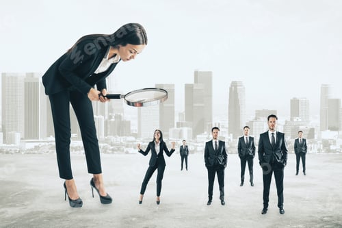 Preview: Attractive Businesswoman With Magnifier Looking At Businesspeople On Blurry City Background