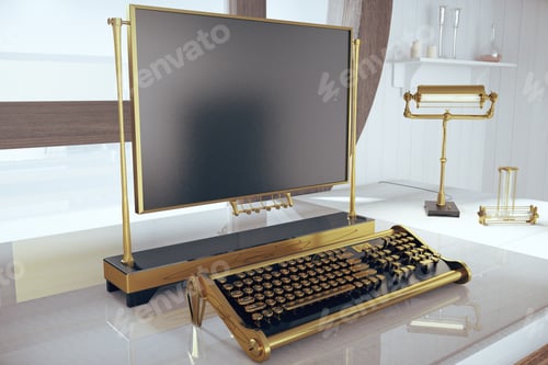 Preview: Vintage Steampunk Typewrier On Glassy Table In Light Room 3D Render