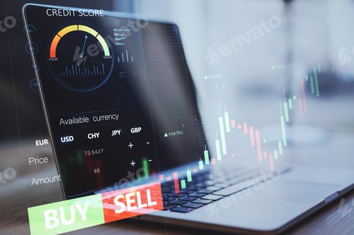 Preview: Close Up Of Notebook With Forex Chart And Sell, Buy Buttons On Blurry Background. Stock Exchange
