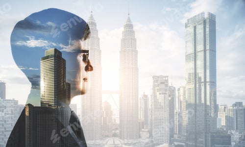 Preview: Double Exposure Of Businessman Silhouette On City Background. Sucess And Business Concept