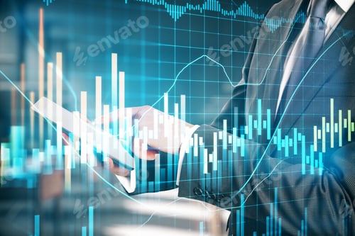 Preview: Businessman Holding Digital Tablet And Stock Charts On Virtual Screen. Business And Trade Concept.