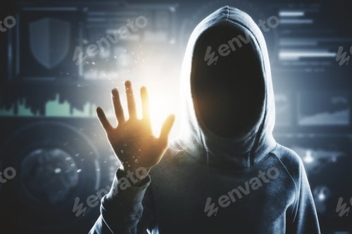 Preview: Hacker With Digital Business Interface. Hacking And Phishing Concept. Double Exposure