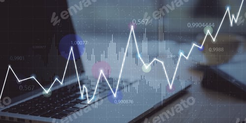 Preview: Close Up Of Workplace With Laptop And Abstract Glowing Business Chart On Blurry Grid Background