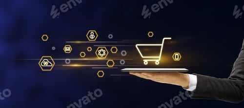 Preview: Businessman Hand Holding Tablet With Abstract Glowing Online Shopping Icons On Blurry Blue