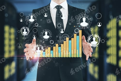 Preview: Businessman Hands Holding Creative Social Network Graph On Blurry Server Room Background
