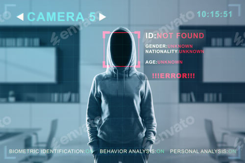 Preview: Security Camera Not Recognizing Hacker In Hoodie Standing In Blurry Office Interior. Id, Scanning