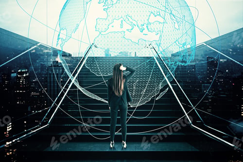 Preview: Young European Businesswoman Standing On Stairs With Abstract Globe Hologram. Business, Growth And
