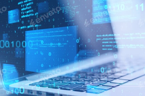 Preview: Close Up Of Laptop Computer At Desktop With Abstract Glowing Blue Coding Background. Binary Code