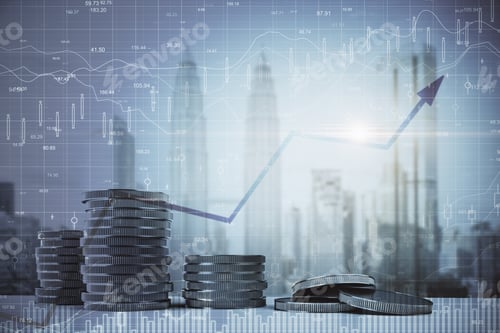 Preview: Coin Piles With Forex Chart Interface And Arrow On Blurry Kuala Lumpur City Background. Money And
