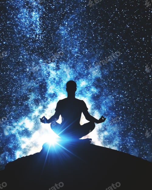 Preview: Back View Of Meditating Man On Mountain Top. Space Background. Yoga Concept