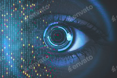 Preview: Close Up Of Eye With Binary Code. Biometrics And Computing Concept. Double Exposure
