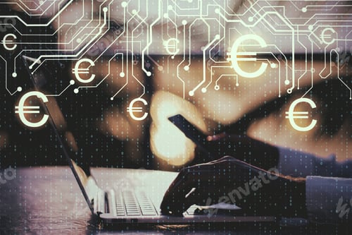 Preview: Close Up Of Hands Using Laptop And Smartphone With Abstract Glowing Money Circuit And Binary Code