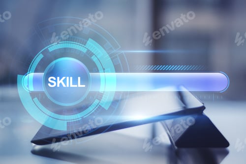 Preview: Close Up Of Tablet With Creative Digital Skill Bar On Blurry Dark Bokeh Background. Education