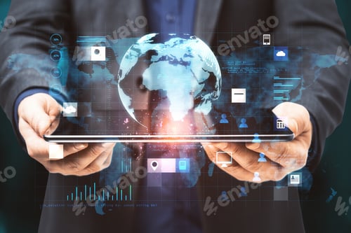 Preview: Close Up Of Businessman Hands Holding Tablet With Creative Glowing Globe Hologram Grid Interface On