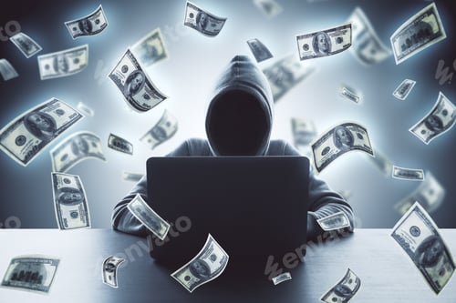 Preview: Hacker Using Laptop And Falling Dollar Banknote. Hacking And Financial Success Concept