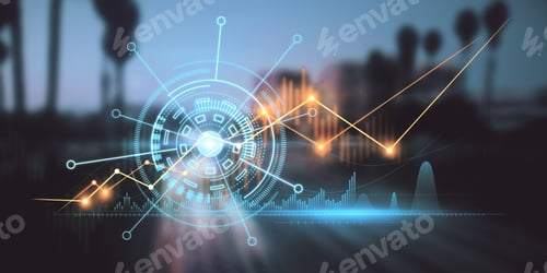 Preview: Creative Glowing Business Graph On Blurry Night City Background. Innovation, Information And