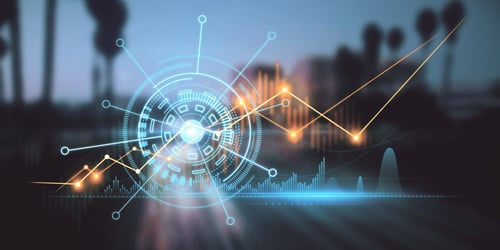 Creative Glowing Business Graph On Blurry Night City Background. Innovation, Information And